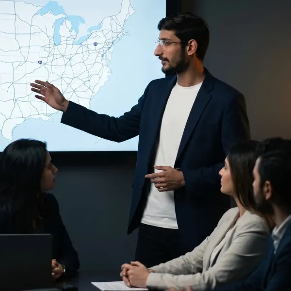 Abdul Basit, founder of Areesit Logistics, presenting a US route map