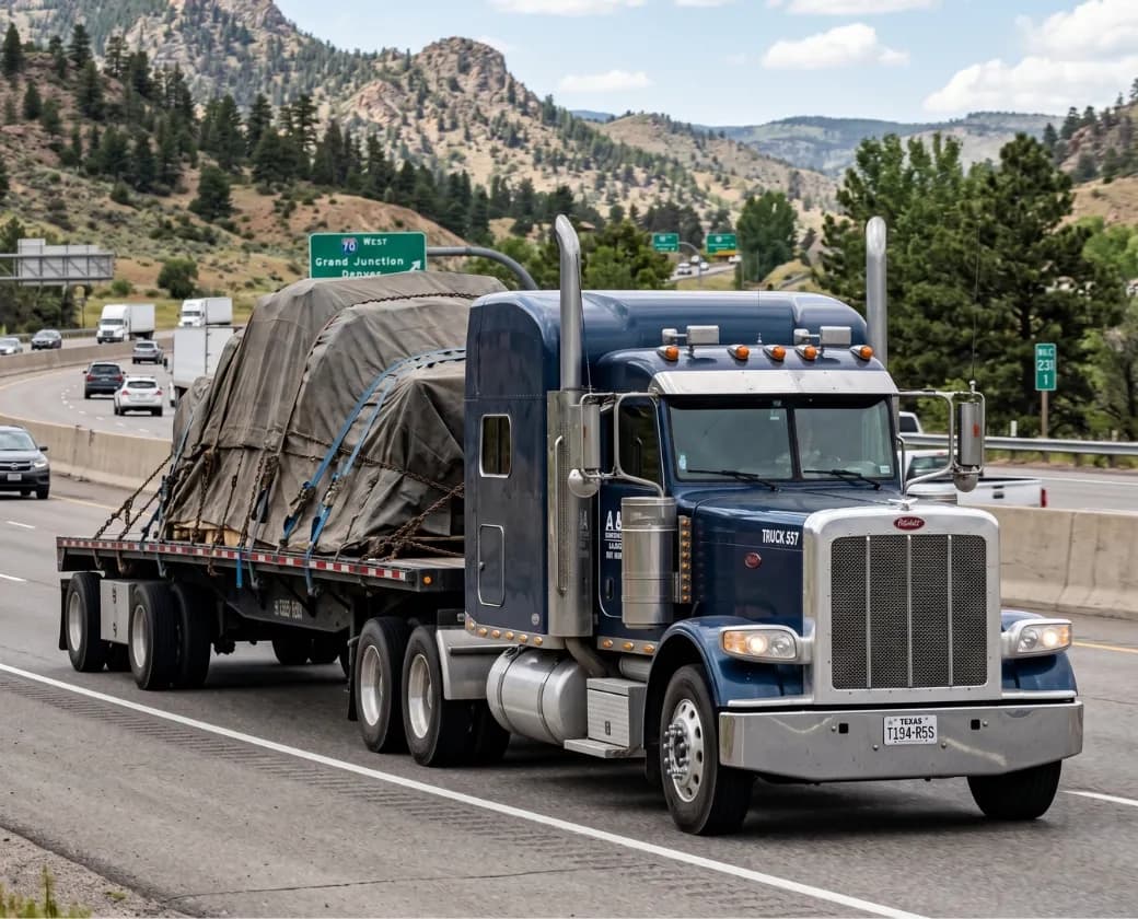 Flatbed truck with a tarped, strapped load