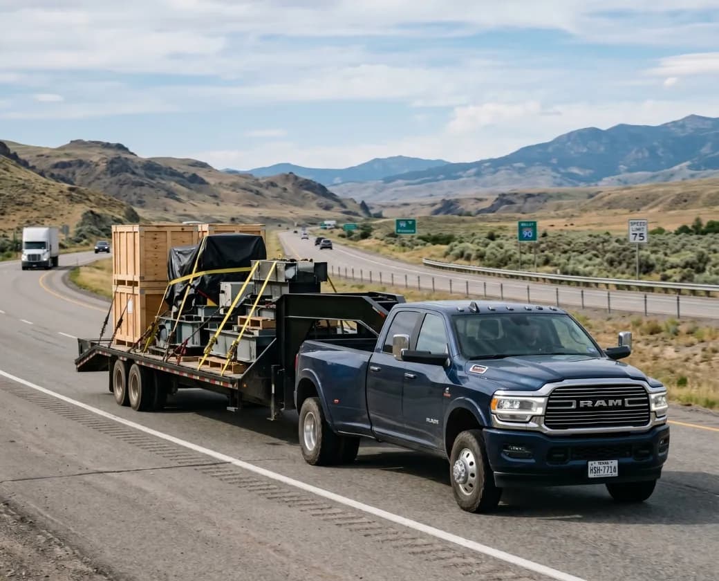 Open-deck trailer hauling heavy equipment freight