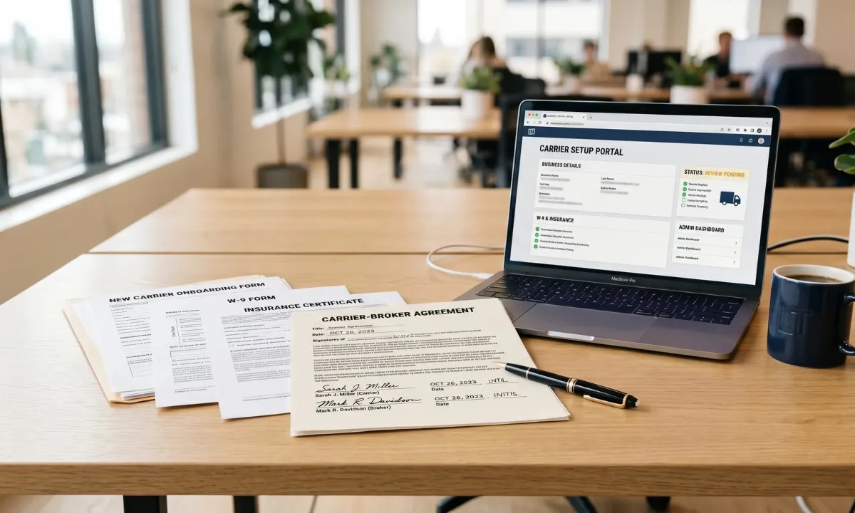 Carrier setup portal and a signed carrier-broker agreement on a desk