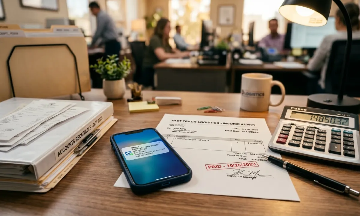 Freight invoice marked paid with a bank deposit confirmation