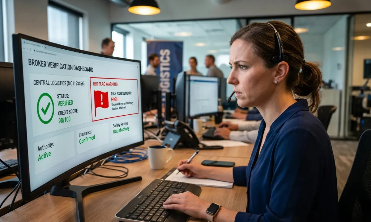 Dispatcher reviewing a broker verification dashboard with a red-flag warning