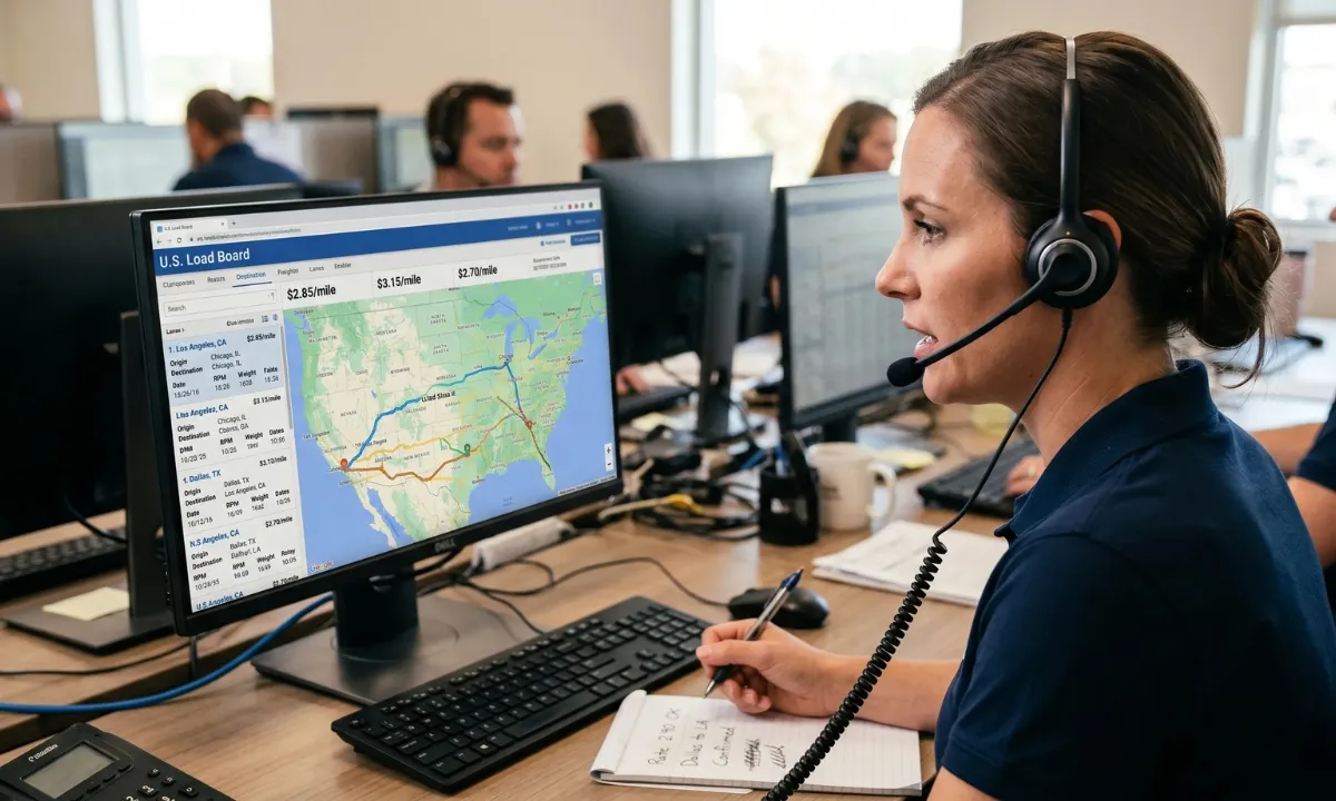 Dispatcher on a headset reviewing a US load board with rate-per-mile figures