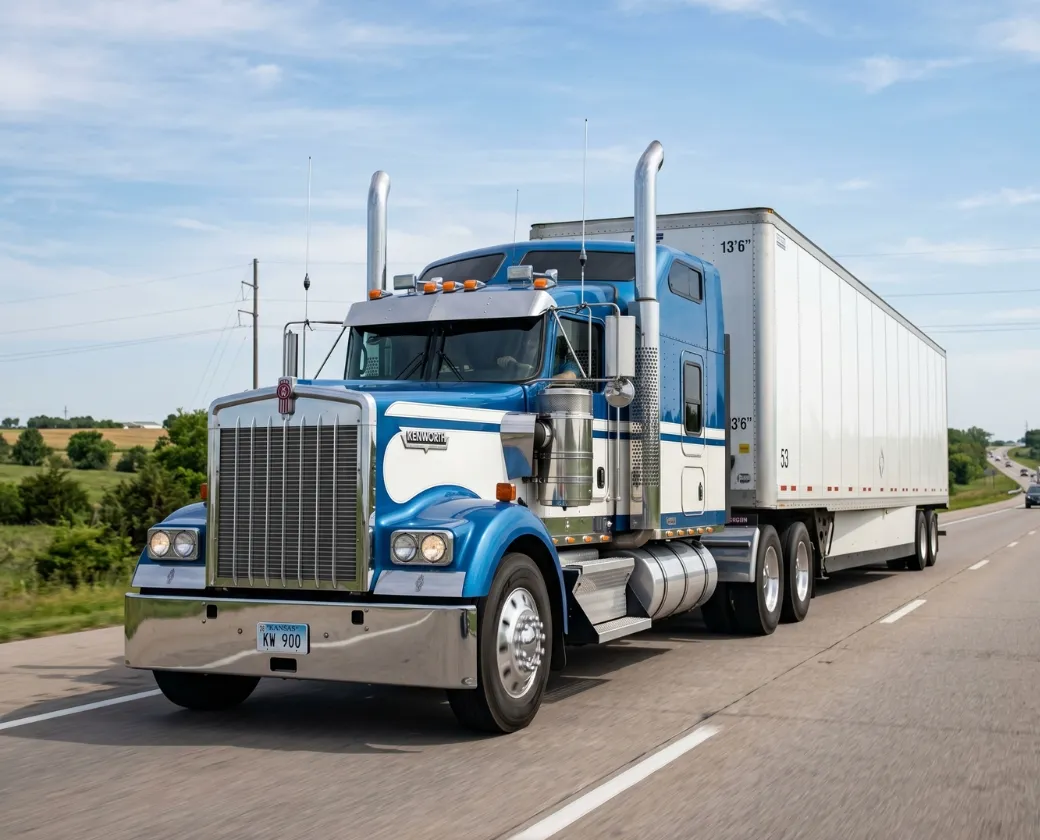 Blue Kenworth W900 dry van semi-truck on a US interstate